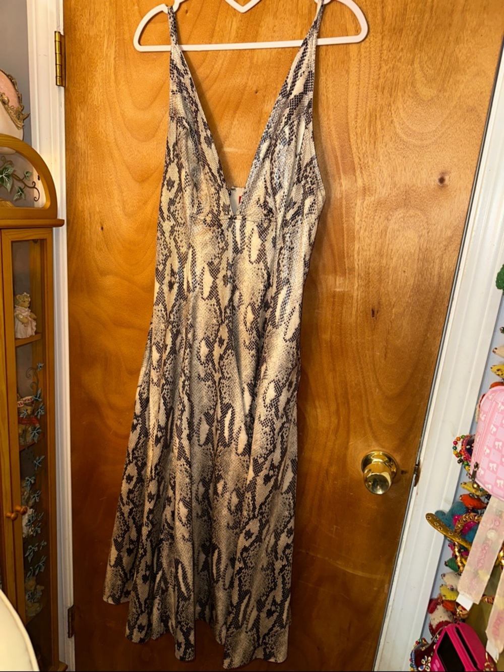 Jennifer Lopez Beige and Black Snake-Print Midi Dress